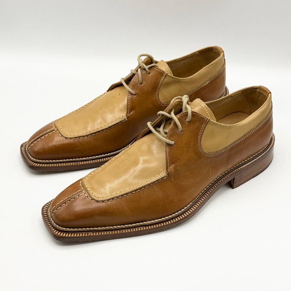 Givaldi Square Split-Stitch Toe Two-Toned Brown Tan Leather Hamdmade in Italy La